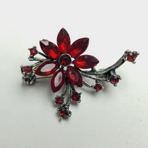 Vintage Dark Red Rhinestone Flower Shape Brooch, Floral Design Lapel Pin